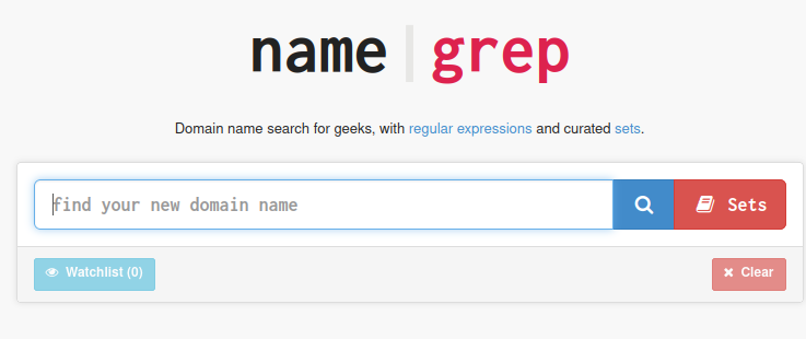 Screenshot of the namegrep regex domain search interface
