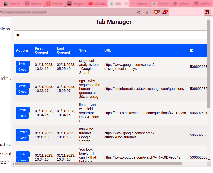 Screenshot of the xNxP tab organizer interface